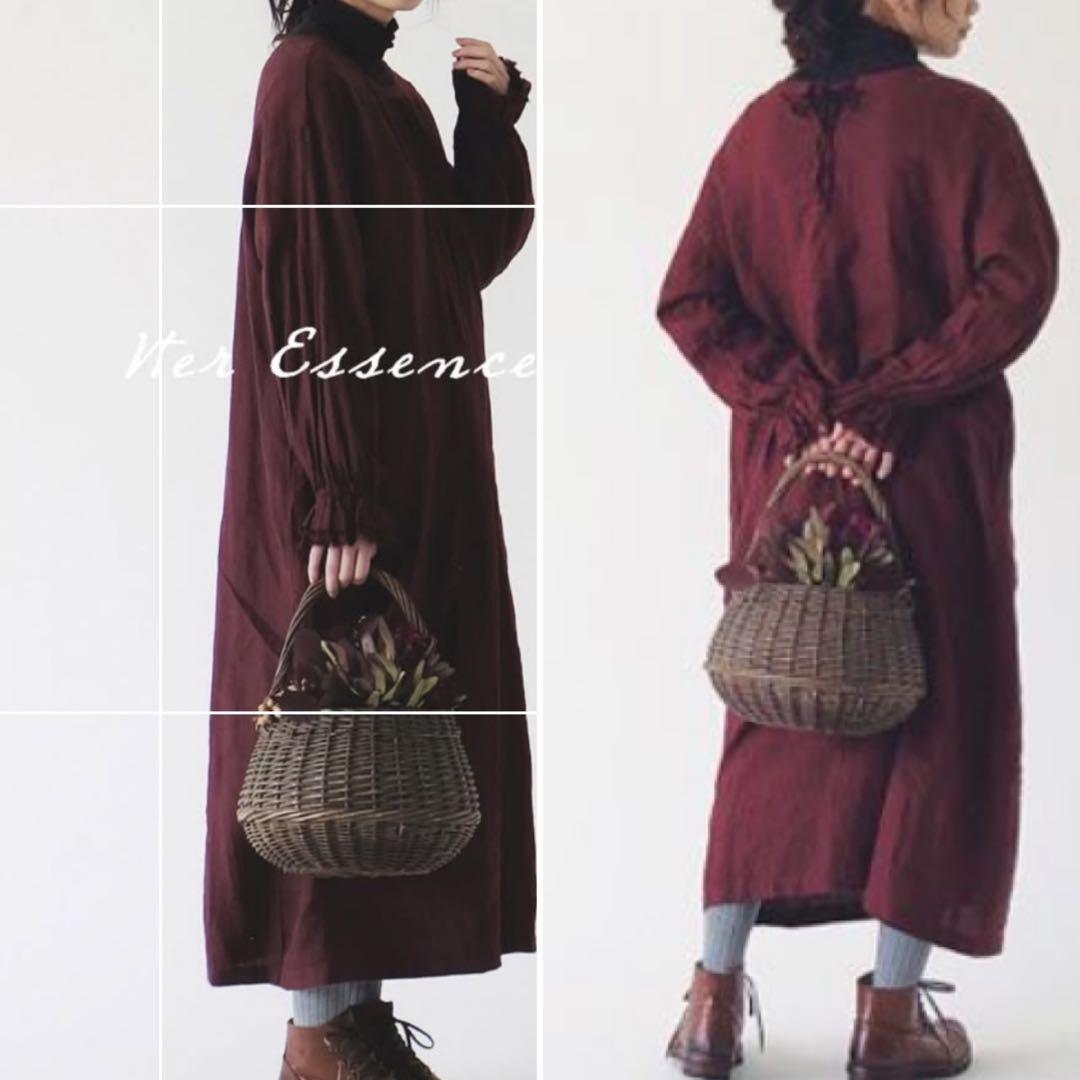 ネストローブ　リネン2wayバルーンスリーブワンピース　ボルドー