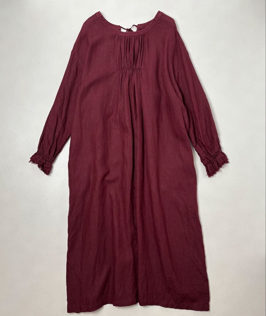 ネストローブ　リネン2wayバルーンスリーブワンピース　ボルドー