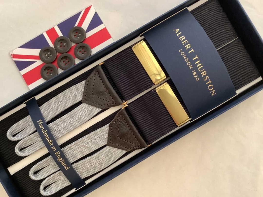 サスペンダー英国製アルバートサーストン6ボタン留モアレBKGDGY B311