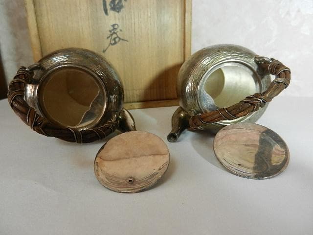 京都「岡野利光」造　純銀製棗形酒器「ちろり」一対