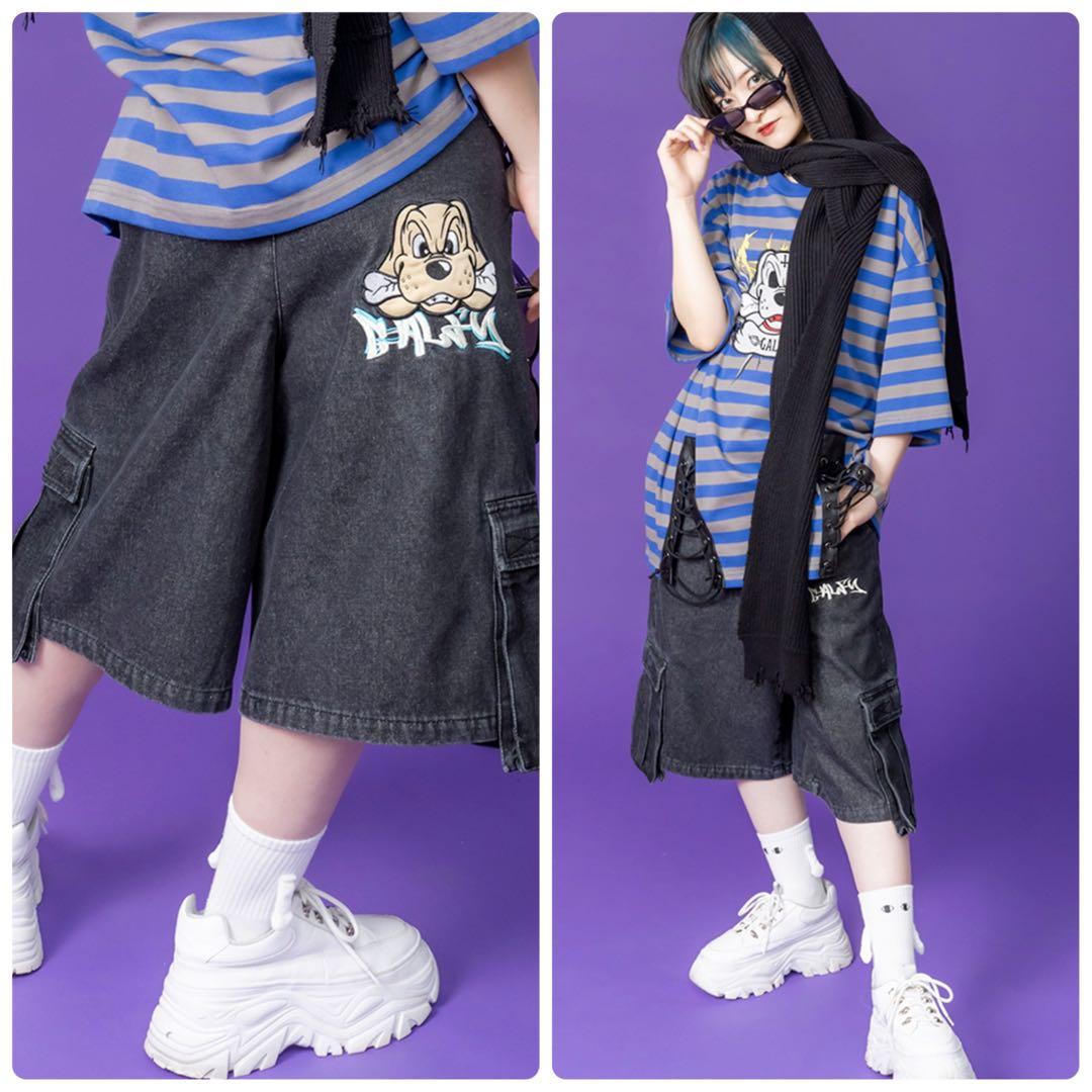 美品 GALFY 2024年夏発売ハーフデニムカーゴパンツ 中型犬 ロゴ刺繍 L