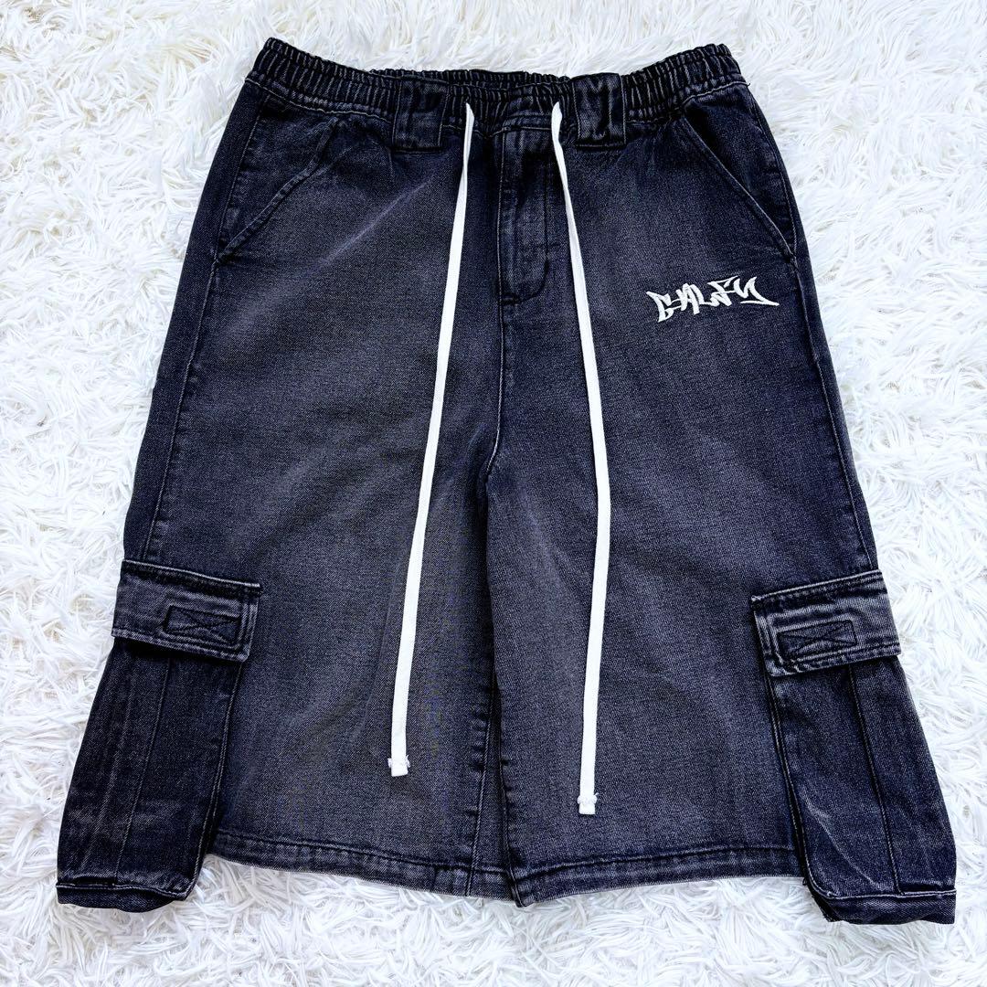 美品 GALFY 2024年夏発売ハーフデニムカーゴパンツ 中型犬 ロゴ刺繍 L