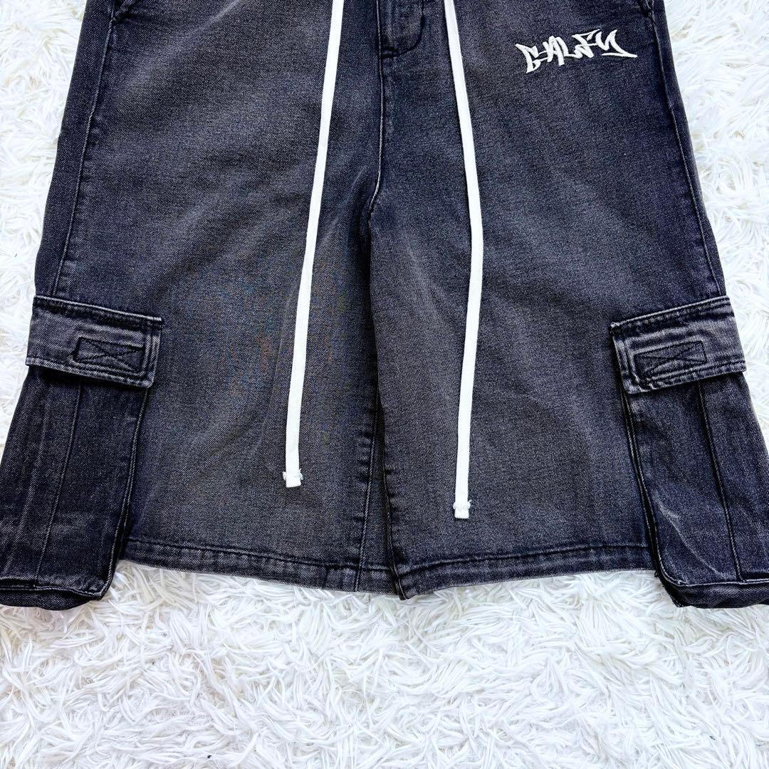 美品 GALFY 2024年夏発売ハーフデニムカーゴパンツ 中型犬 ロゴ刺繍 L