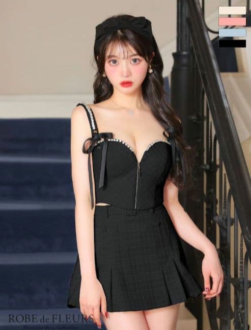 スエードリボン×チェックツイードベルトデザインセットアップドレスfm3734