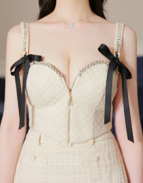 スエードリボン×チェックツイードベルトデザインセットアップドレスfm3734