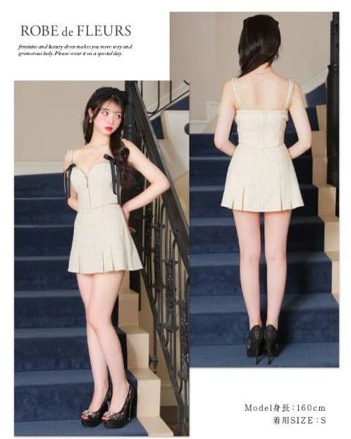 スエードリボン×チェックツイードベルトデザインセットアップドレスfm3734