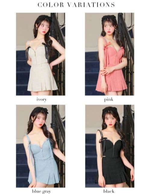 スエードリボン×チェックツイードベルトデザインセットアップドレスfm3734