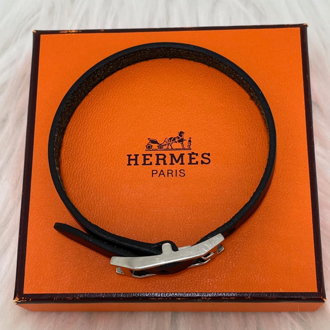 エルメスHERMES レザー ブレスレット アピ Hベルト　ブラック×シルバー