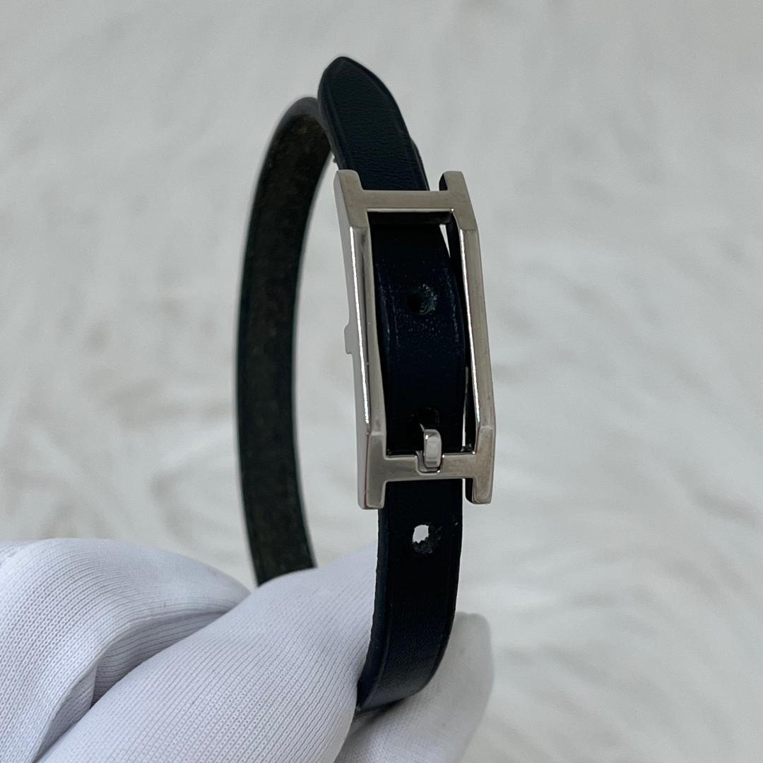 エルメスHERMES レザー ブレスレット アピ Hベルト　ブラック×シルバー