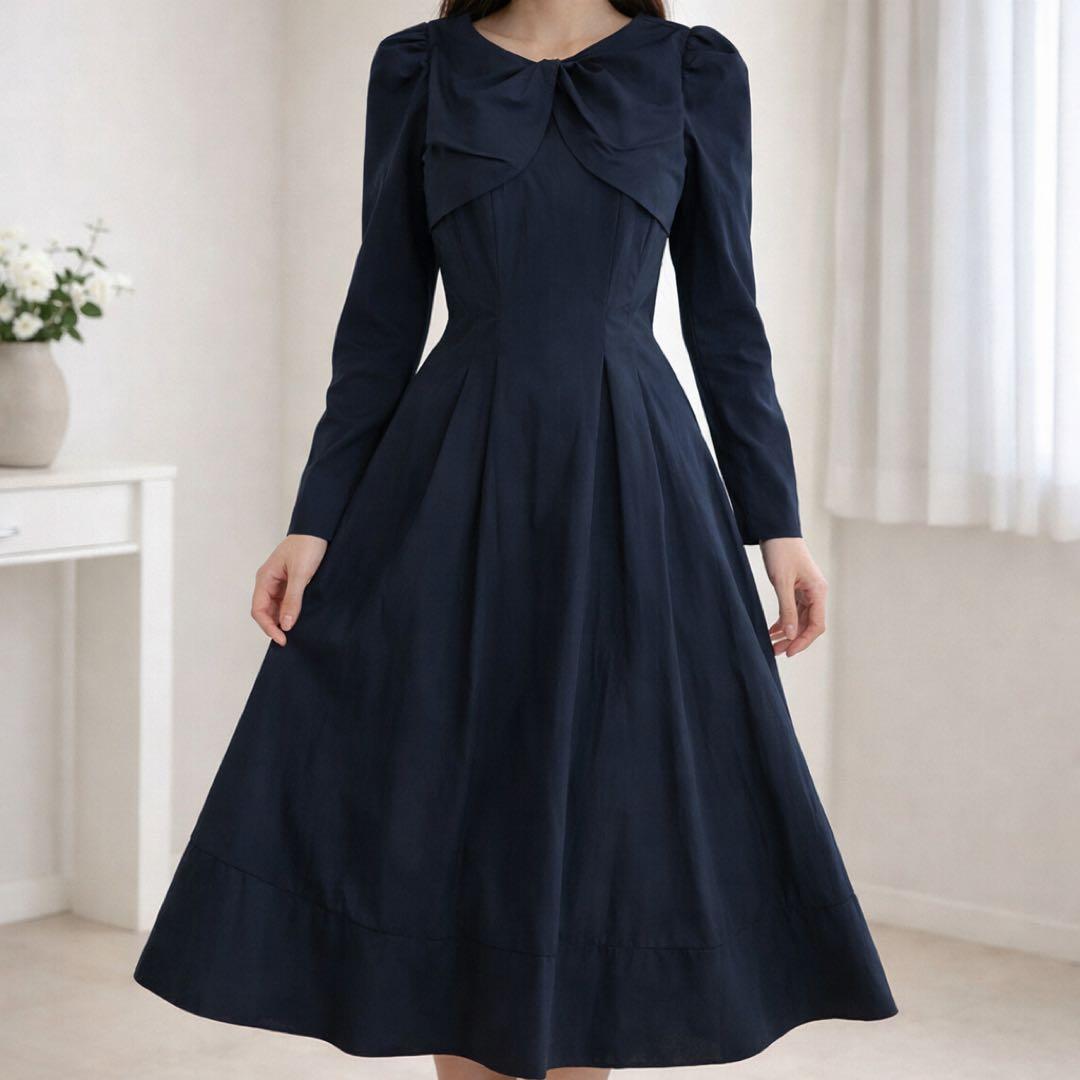 美品 Her lip to ロングワンピース 長袖 フレア M ネイビー 25年