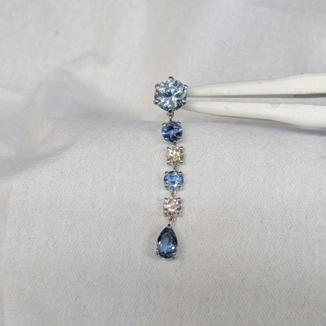 PT900 アクアマリン ダイヤモンド 6連 ピアス 片側 半ペア