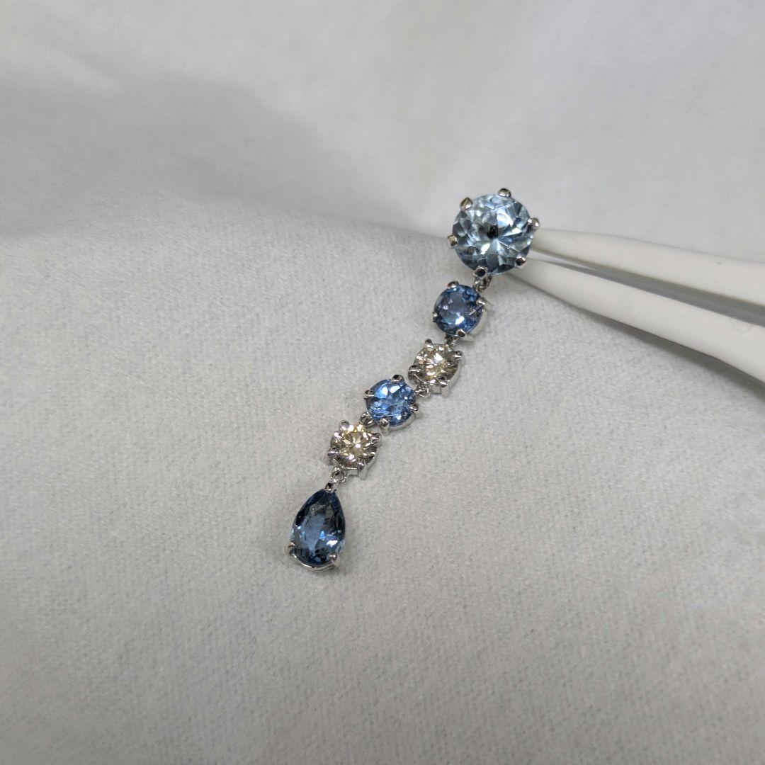 PT900 アクアマリン ダイヤモンド 6連 ピアス 片側 半ペア