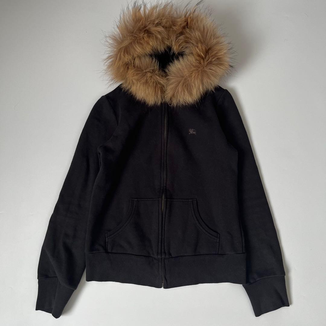 バーバリーブルーレーベル フードファー付 パーカー ノバチェック 2WAY黒