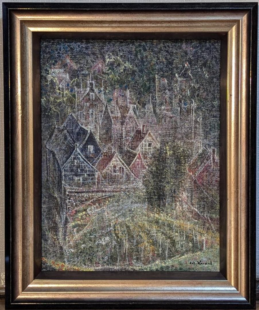 【真作】絵画　油彩6号　小さな菜園　静謐な風景画　詩情漂う山間の家並み　Y76