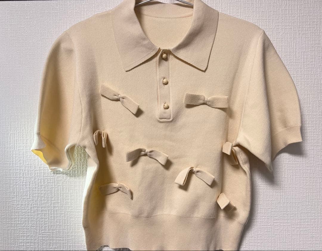 ADAM ET ROPE リボンポロニット 半袖　ホワイト