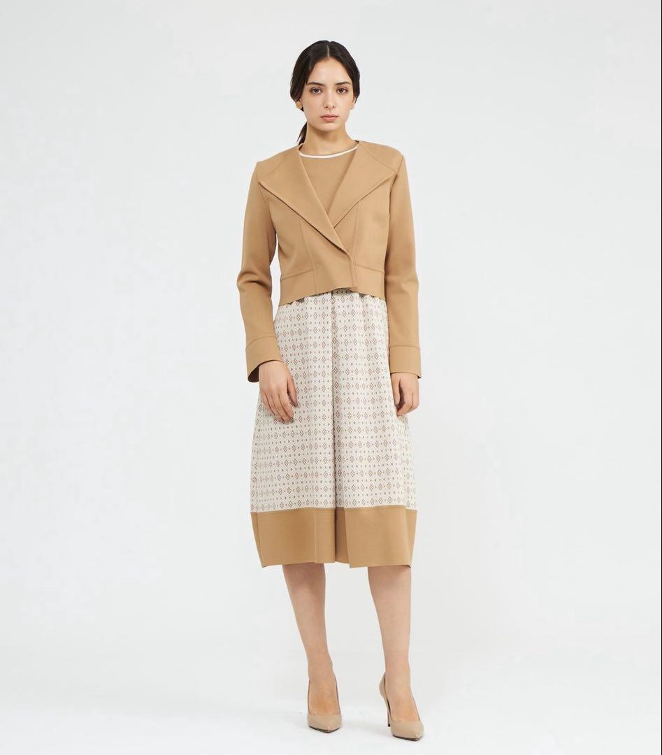 美品 アセテートナイロンジャカード ニットワンピース キャメル