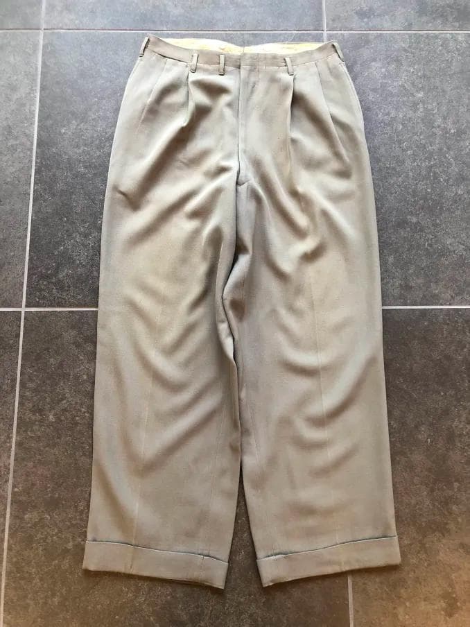 40s 50s ベージュ×カーキ×グレー ウールレーヨン混紡 ギャバスラックス