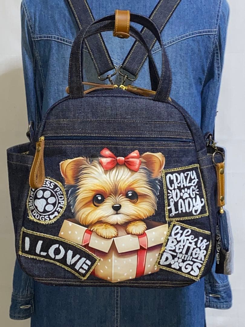 ハンドメイド☆岡山デニム☆☆ヨークシャテリア☆4wayボストンバッグ