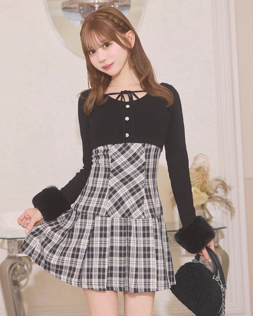 michellMacaron ボレロsetチェックプリーツワンピ