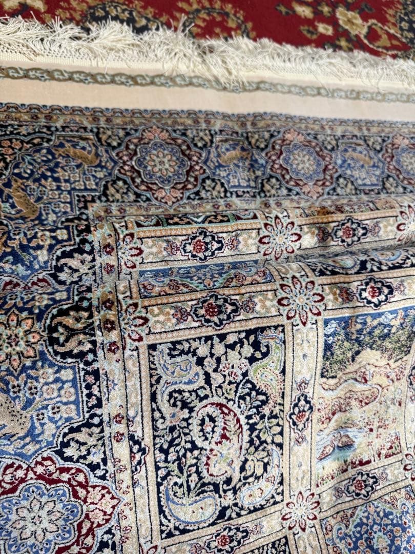 イラン製 ペルシャ絨毯 カシャーン 優雅な艶　高密度 ベージュ×ブルー