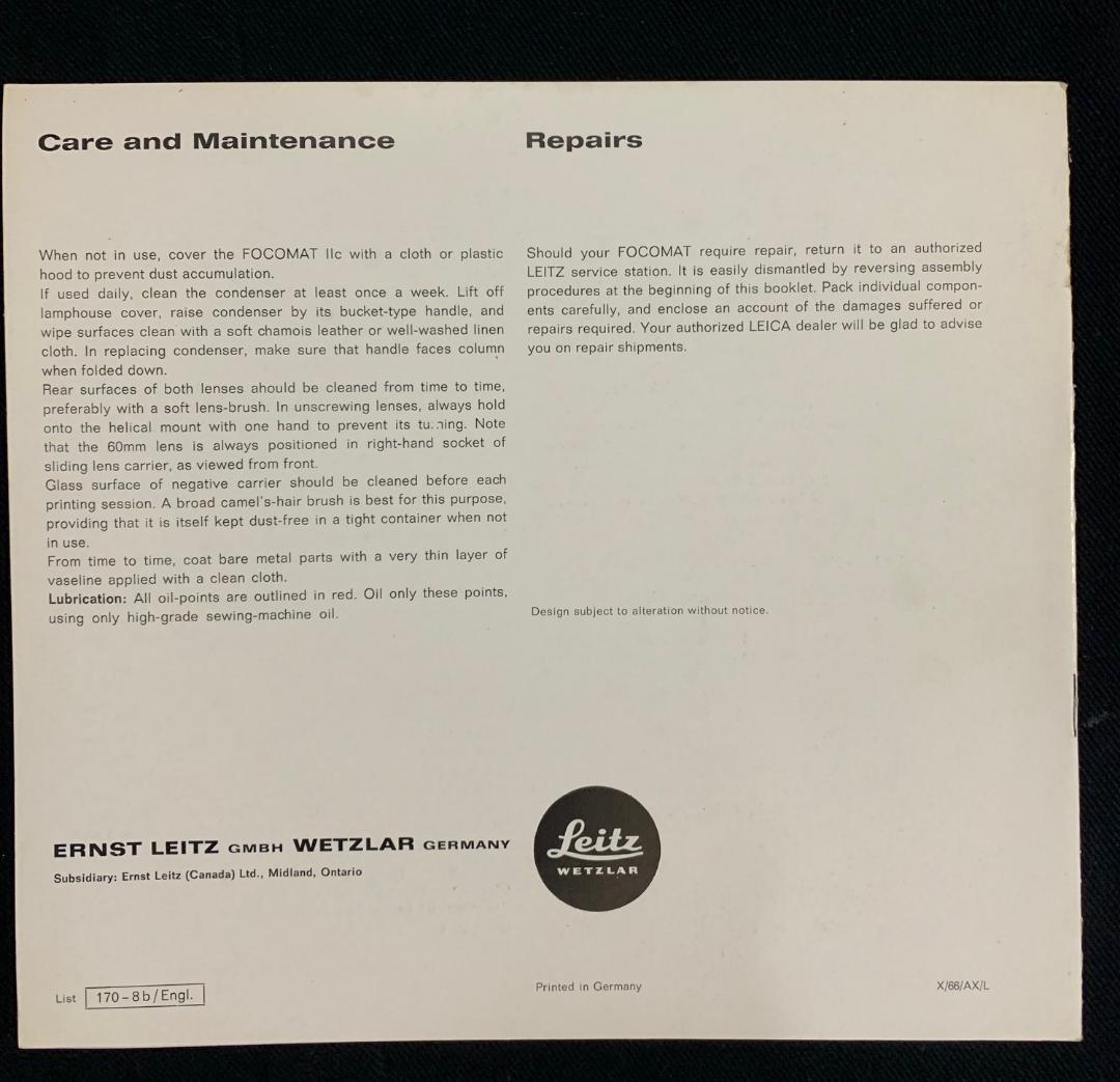 ライカ Leitz FOCOMAT IIc 1966年 使用説明書 英語版　美品