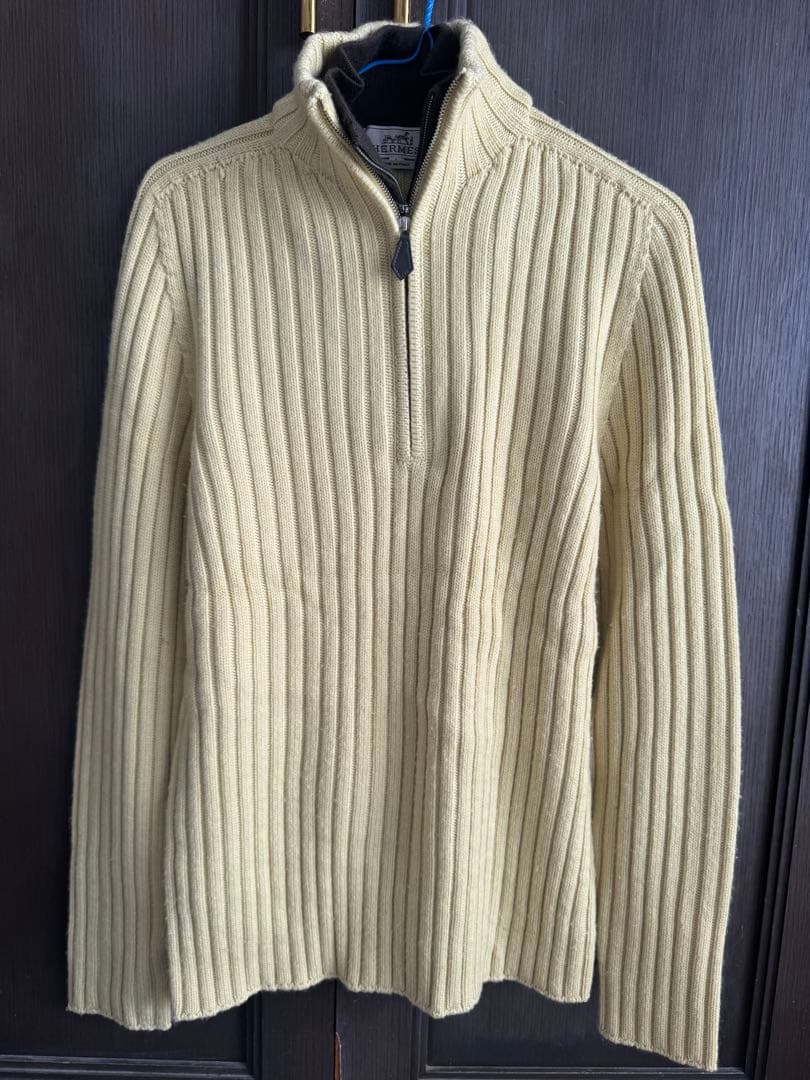 HERMES リブ編みハーフジップニット L