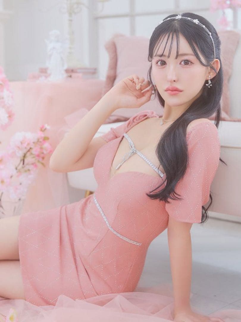 jewelsリボンビジュー付きピンクドレス