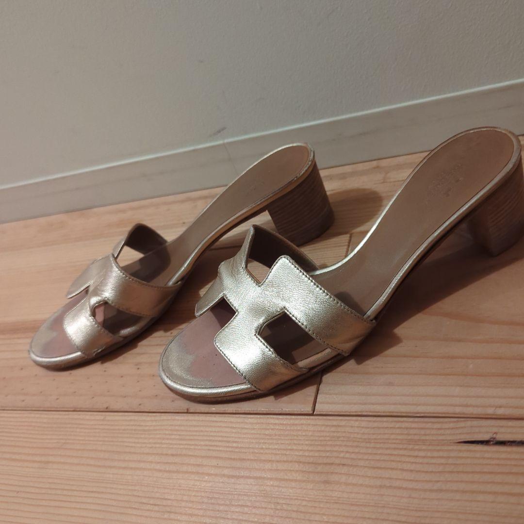 エルメス、オアジス、ゴールド ミュール 約6cmヒール、サイズ37