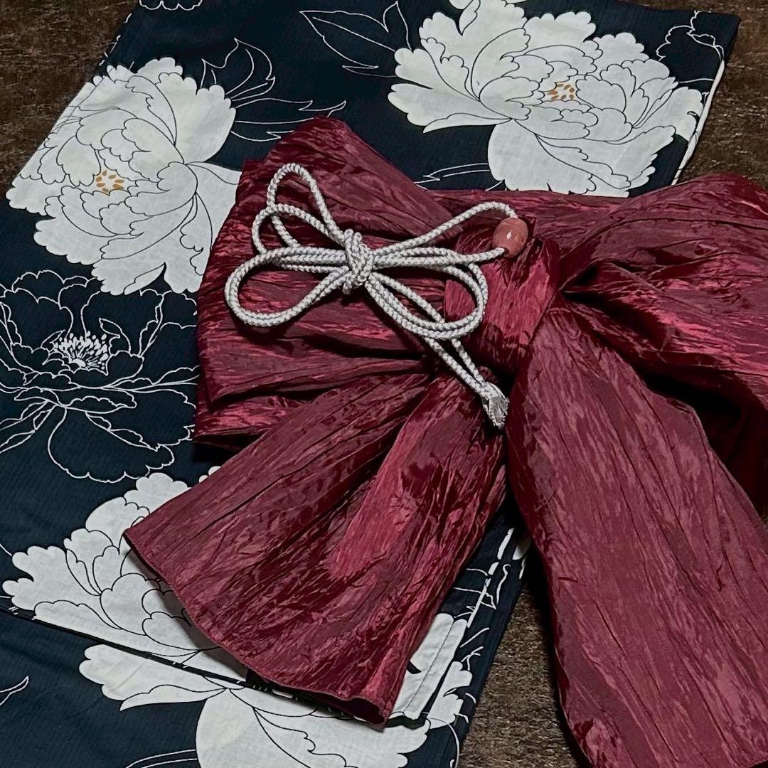 浴衣　大きめサイズ　浴衣 3L 牡丹　濃紺　兵児帯エンジ　2点　新品　0724⑦