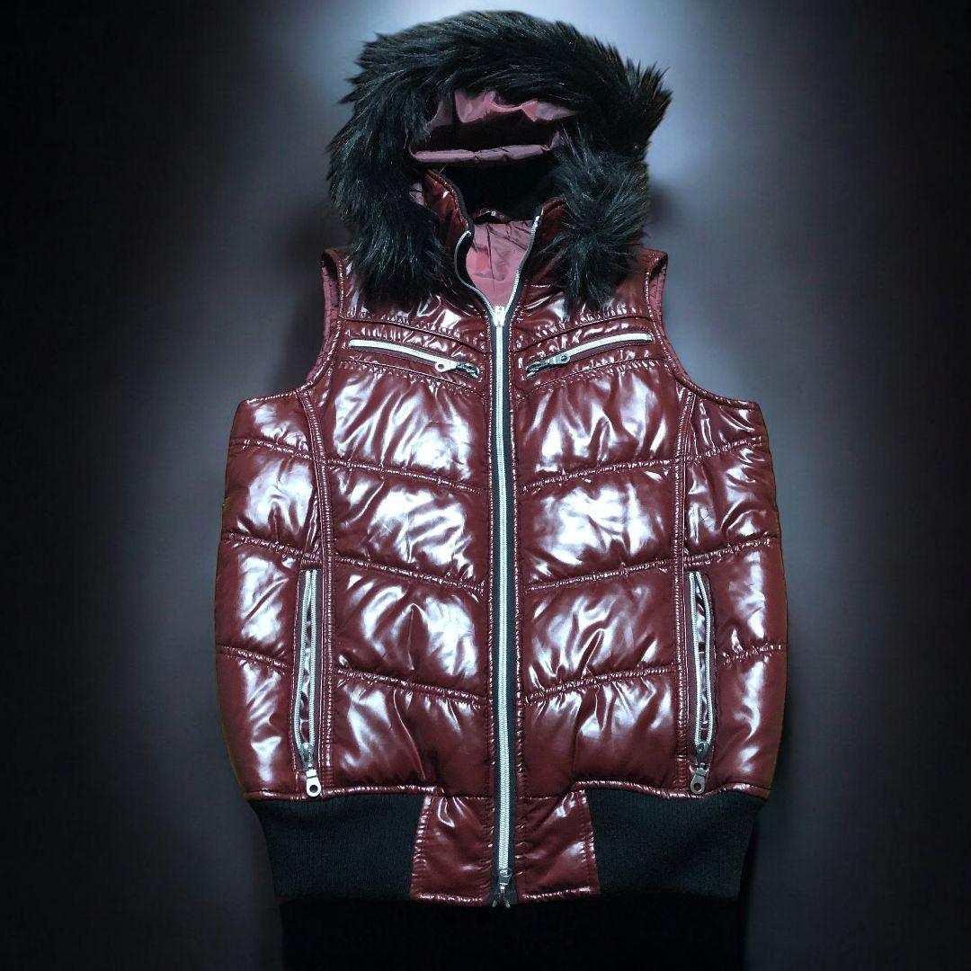 人気　y2k 光沢 バーガンディ ファーキルティングベスト ワイン色 M