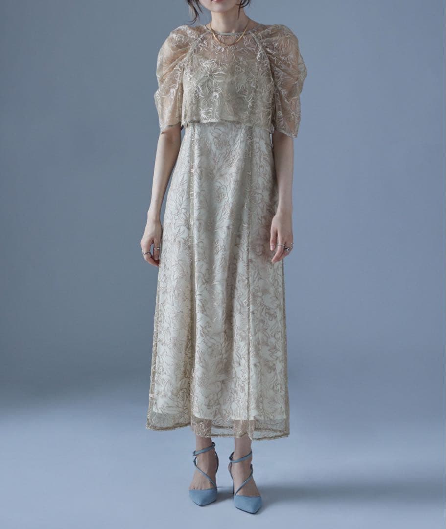 etoll. 刺繍レースレイヤードドレス　結婚式　お呼ばれ　ベージュ