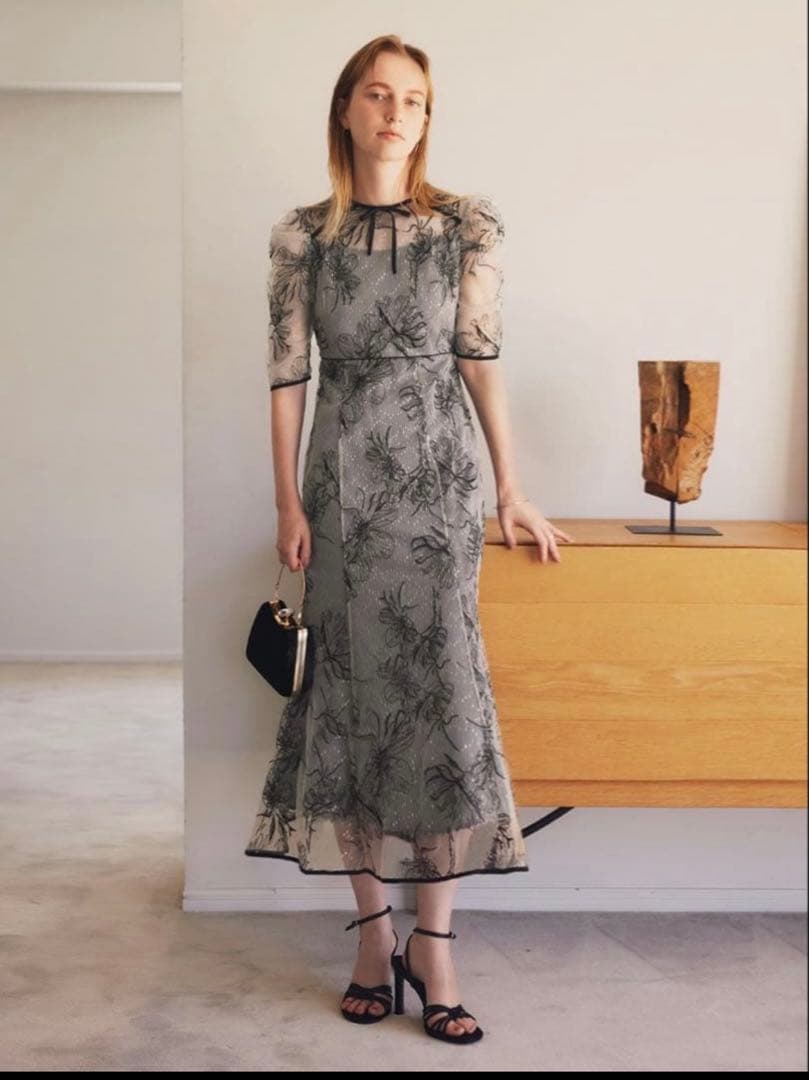 Leja 花柄リボンパフスリーブマーメイドワンピースドレス Mサイズ