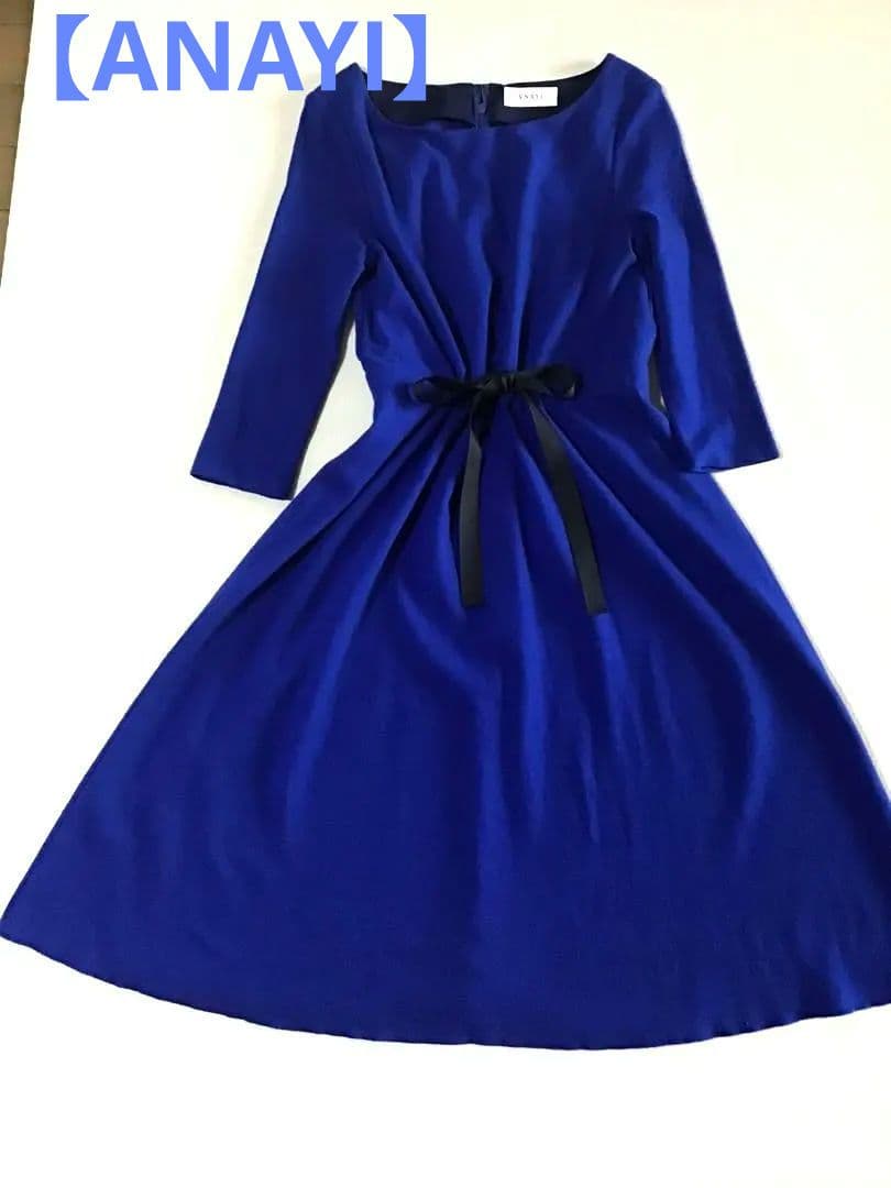 【ANAYI】ロイヤルブルーロングワンピース八分袖(38)