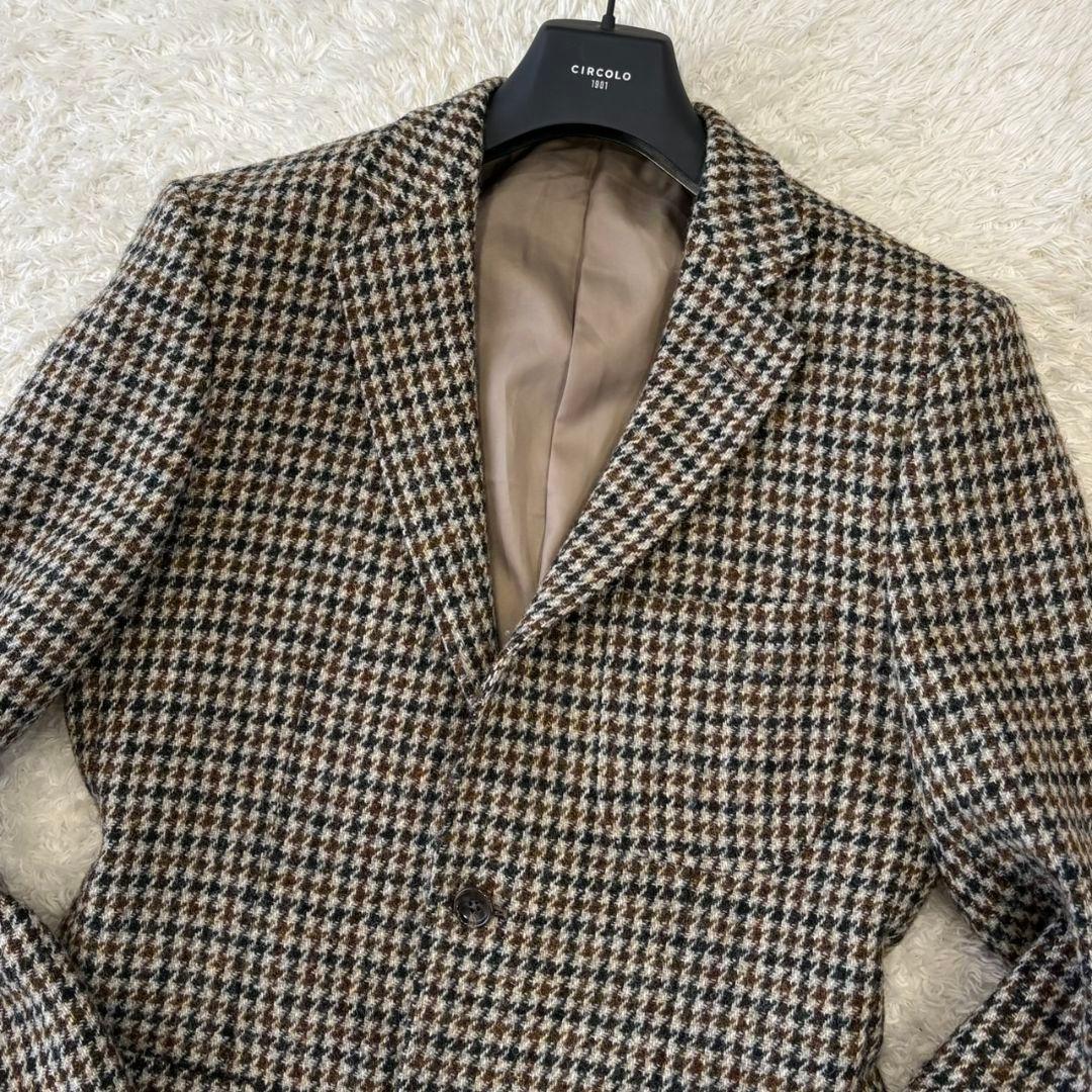 ハリスツイード テーラードジャケット 千鳥柄 総柄 ウール L 総裏地