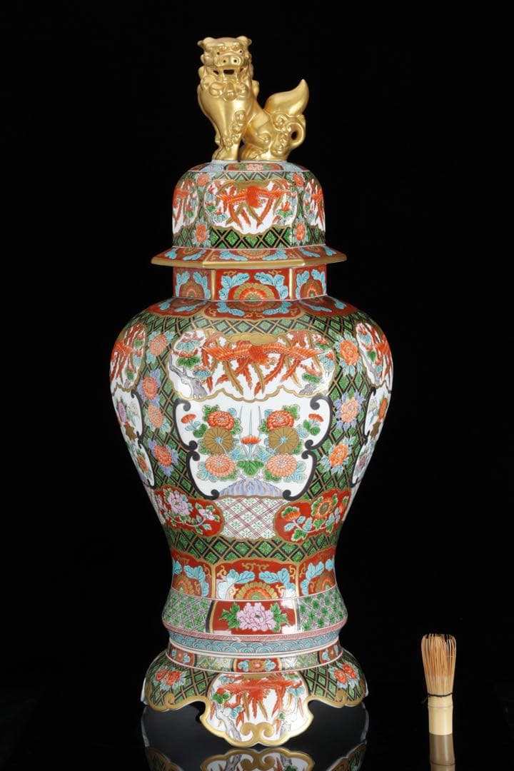 そ*ん様 有田焼 耕右衛門 染錦窓絵鳳凰花尽之図 獅子摘蓋特大三段壺 沈香壺 飾