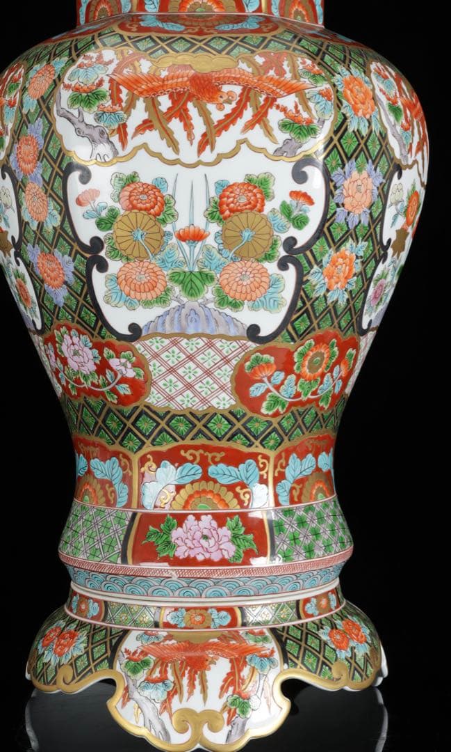 そ*ん様 有田焼 耕右衛門 染錦窓絵鳳凰花尽之図 獅子摘蓋特大三段壺 沈香壺 飾