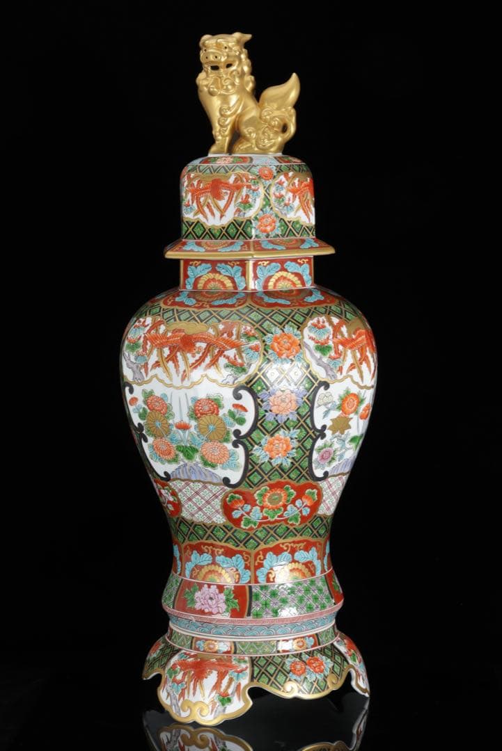 そ*ん様 有田焼 耕右衛門 染錦窓絵鳳凰花尽之図 獅子摘蓋特大三段壺 沈香壺 飾