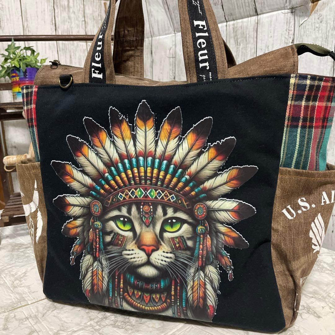 No.534 デニムリメイクバッグ　キャットインディアン
