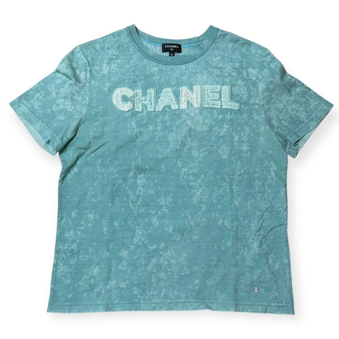 シャネル ロゴ 刺繍 ラインストーン付き ココマーク コットン 半袖 Tシャツ
