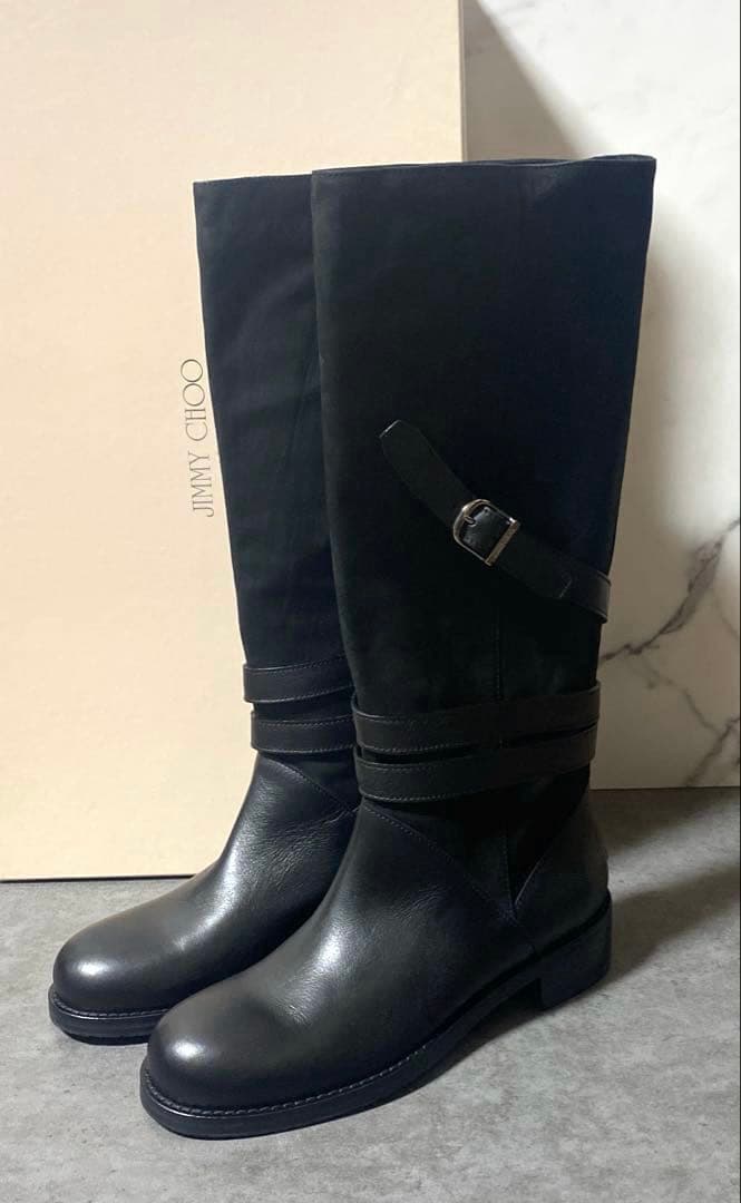 JIMMY CHOO ロングブーツ アーモンドトゥ スエード レザー 38 黒