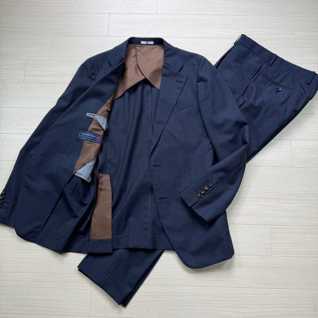 極美品 スーツセレクト 高級生地 ゼニア グレンチェック ネイビー スーツ M