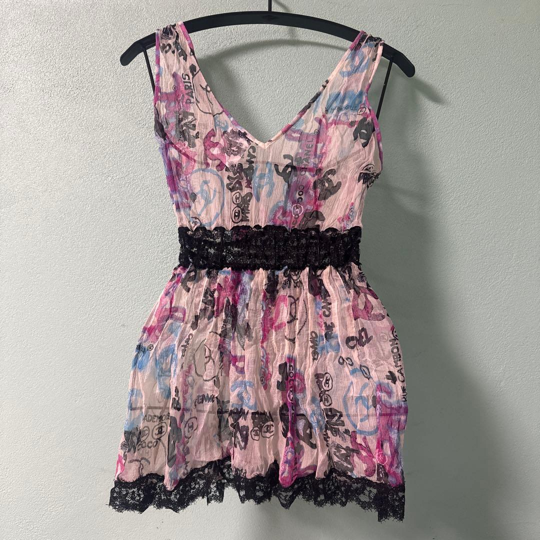 CHANEL 07C シルク100%キャミソール ココマーク レースシアー共布付