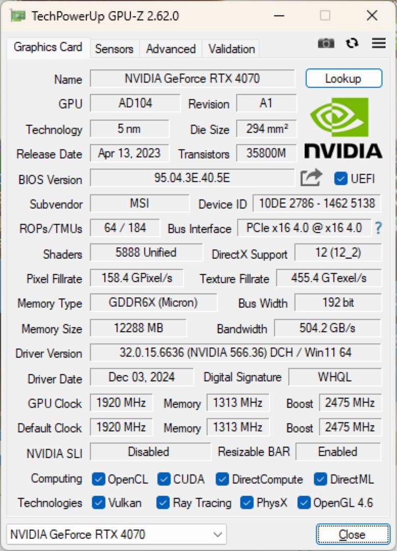 MSI GeForce RTX 4070 グラフィックボード　本体のみ