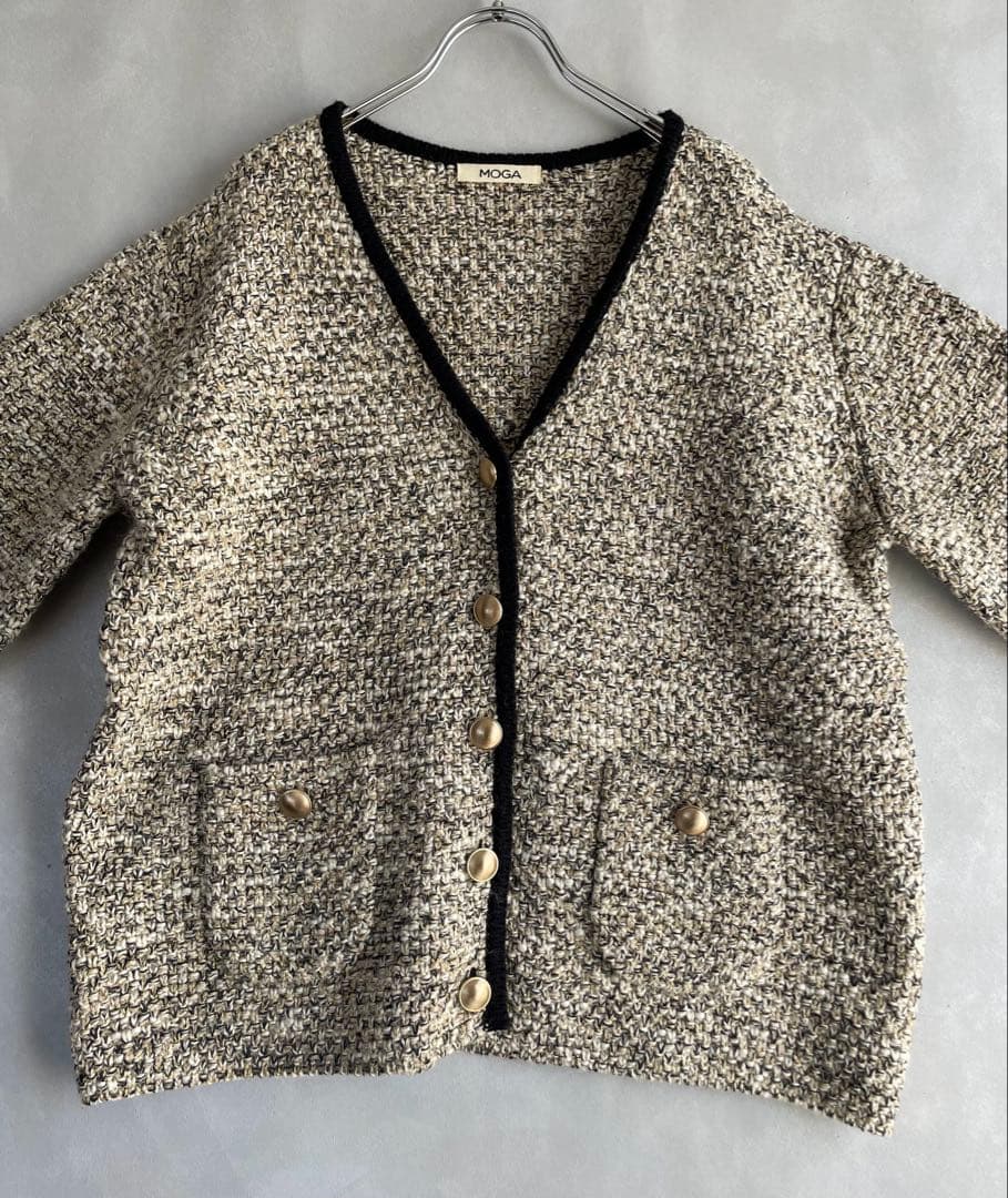 モガ　5.7万　鹿子編み　ウールニットジャケット　ゆったりめ　ゴールド　黒
