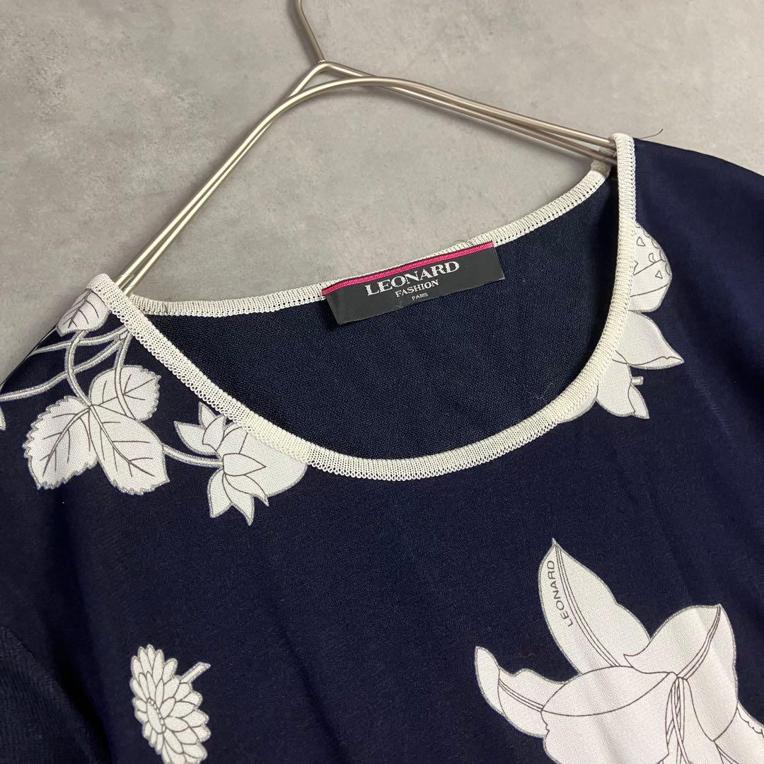 レオナール LEONARD 花柄プルオーバー 濃紺 トップス ニット切替 上品