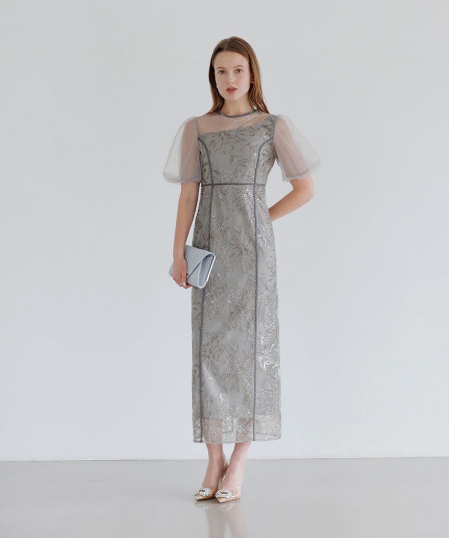 【LEJA】アシンメトリーシアーフラワーワンピースドレス