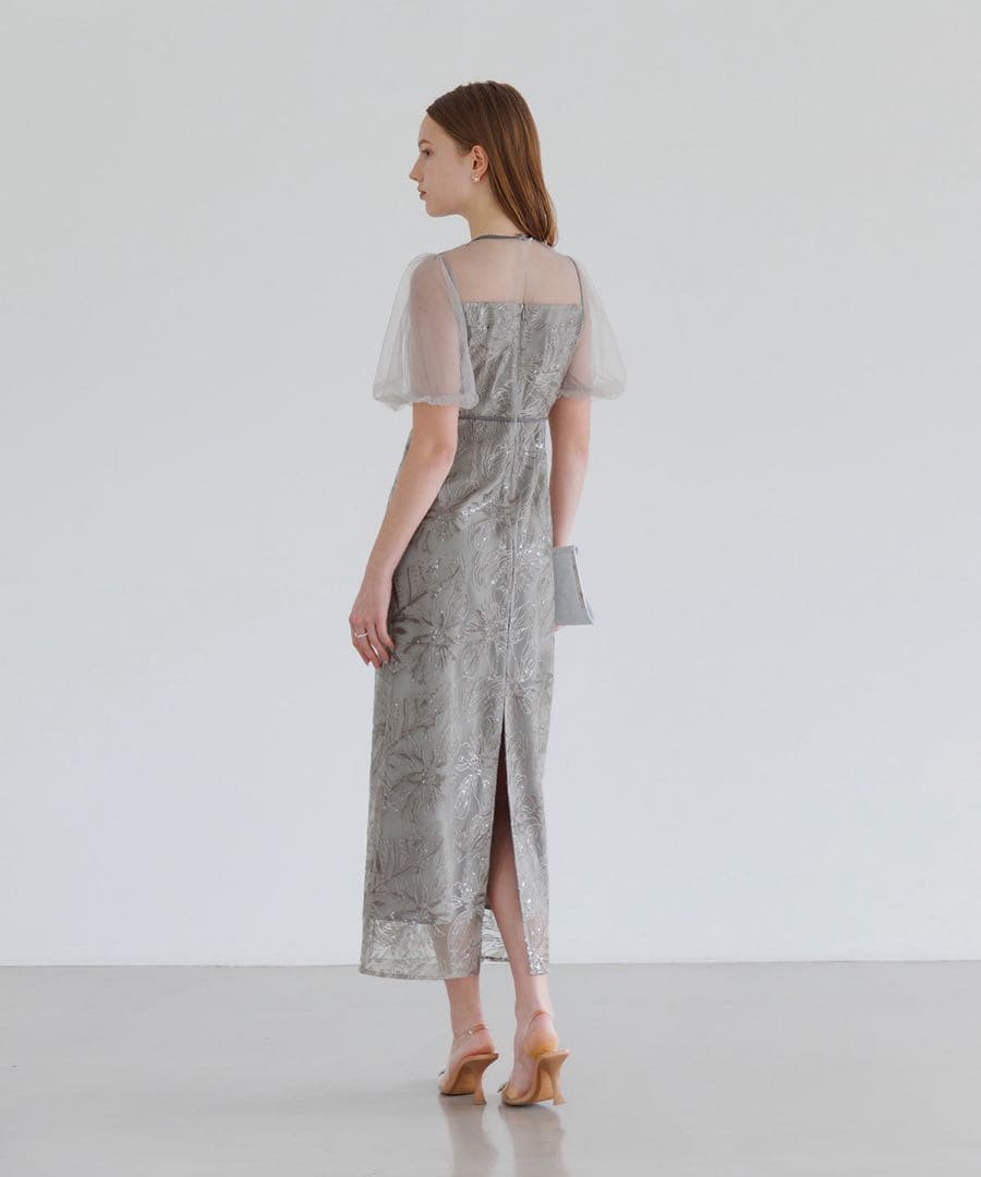 【LEJA】アシンメトリーシアーフラワーワンピースドレス