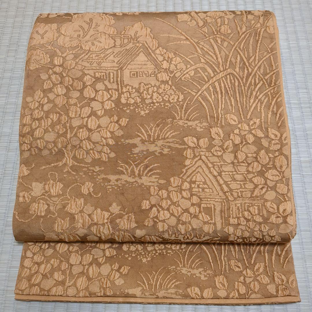 西陣織　渡文謹製　全通柄袋帯 手織纐纈 風景文　着物a