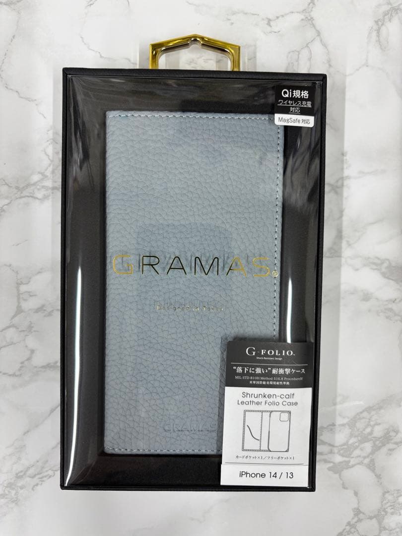 【新品未開封】GRAMAS iPhone13/14用ケース/手帳型/水色/青