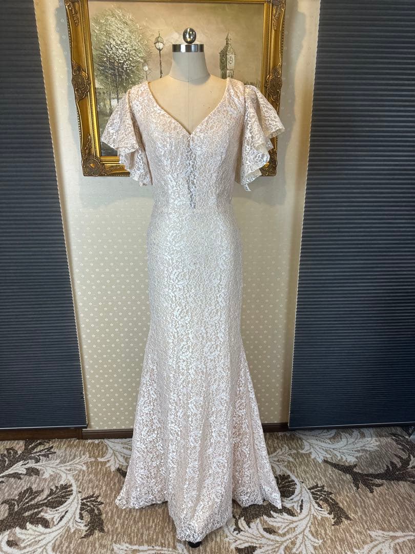 ラメアイボリー レース フレアスリーブ パーティードレス